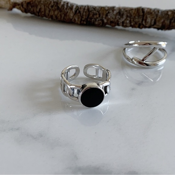 Multi Layered Ring, Black Enamel Ring, Stacking Ring Silver, Silver Ring Duo - Picture 6 of 10